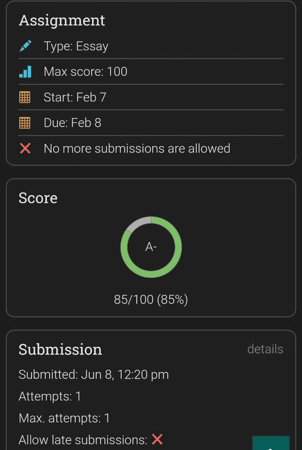 Student report displaying A+ Grade achieved in Essay