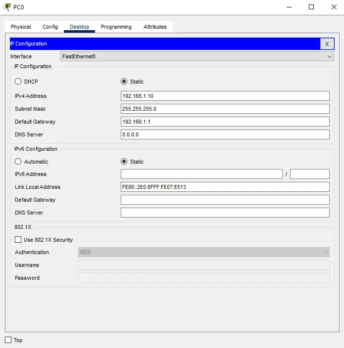 Pc1 IP address configuration Pc1 IP address configuration