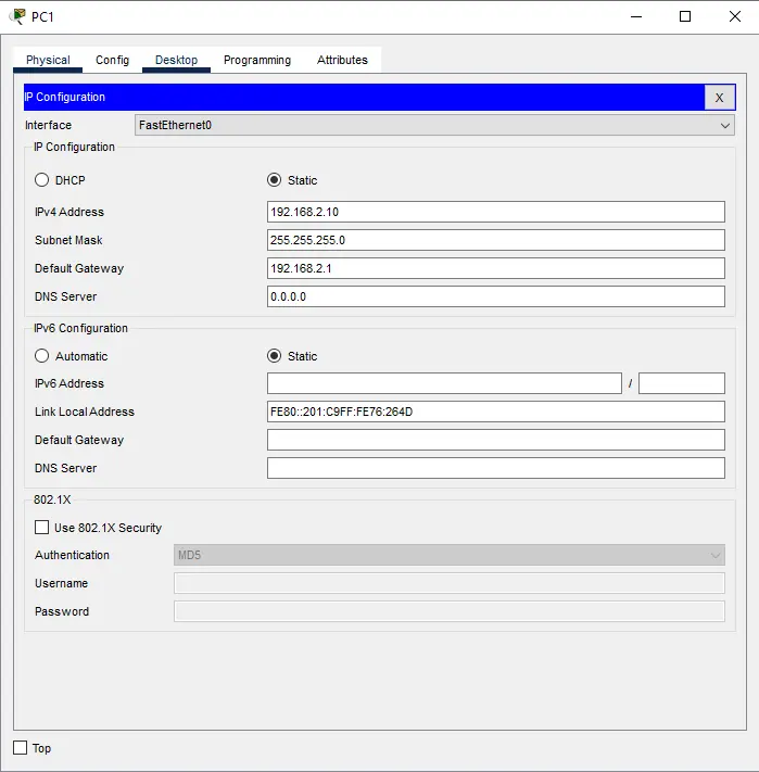 Pc2 IP address configuration Pc2 IP address configuration